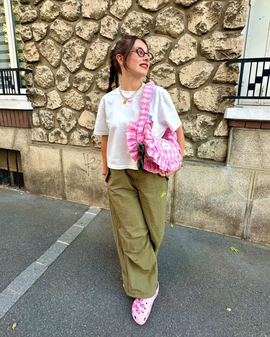 SAC CROISSANT Taille Moyenne et Large - Vichy rose clair/violet pastel - Fait main à Reims (France)