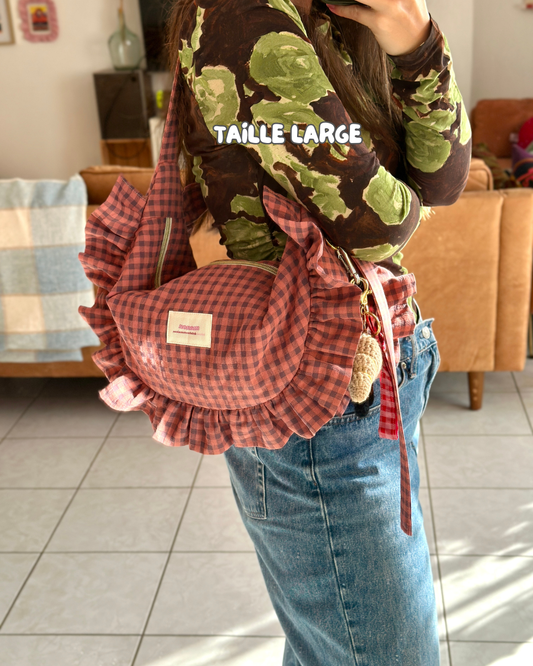 Pré-commande SAC CROISSANT Taille Moyenne et Large - Vichy Bordeaux / Vieux rose - Fait main à Reims (France)