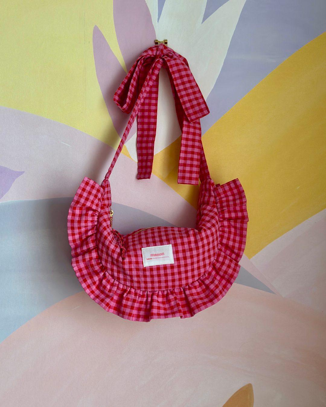 SAC CROISSANT Taille Moyenne et Large - Vichy rouge et rose - Fait main à Reims (France)