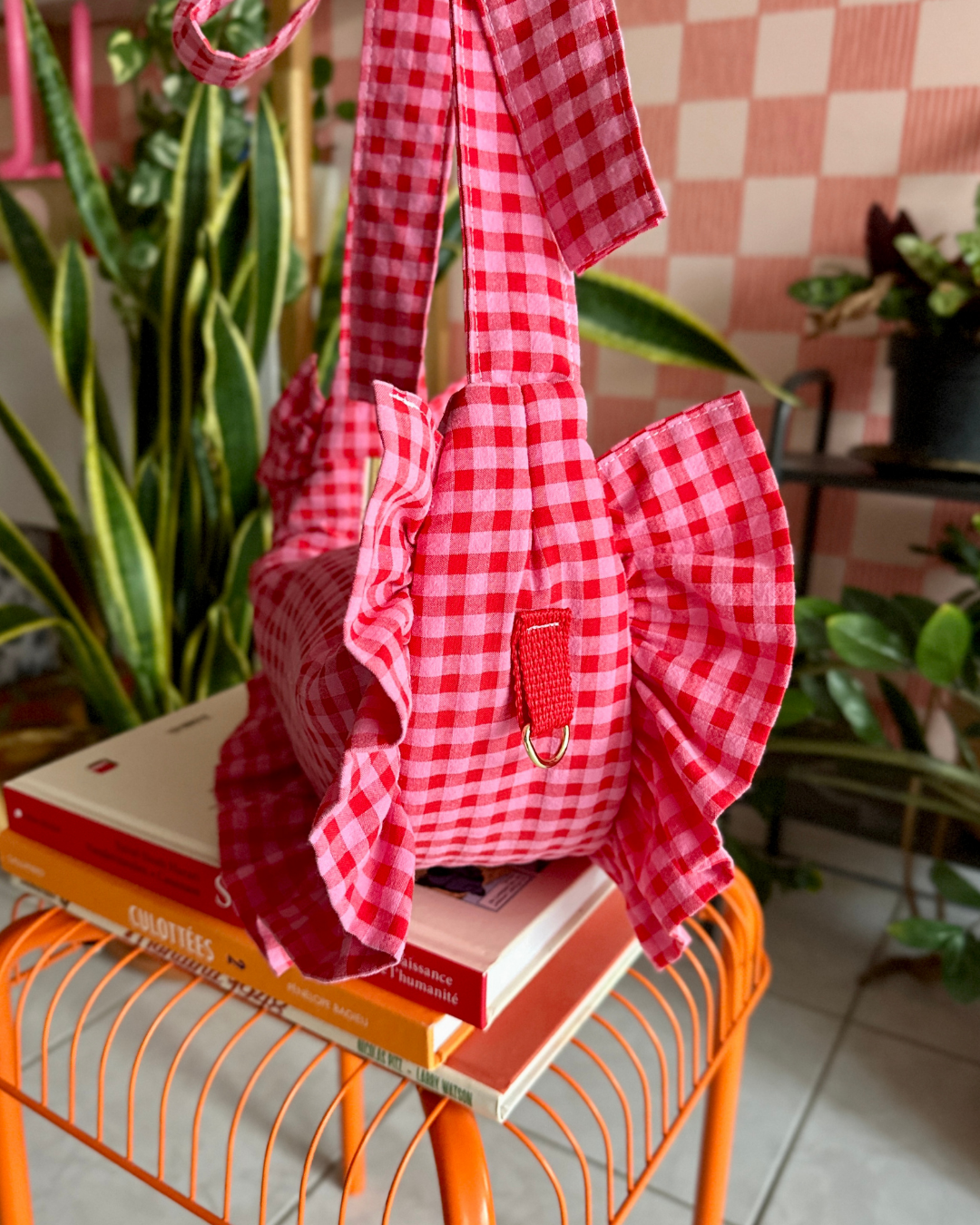 SAC CROISSANT Taille Moyenne et Large - Vichy rouge et rose - Fait main à Reims (France)
