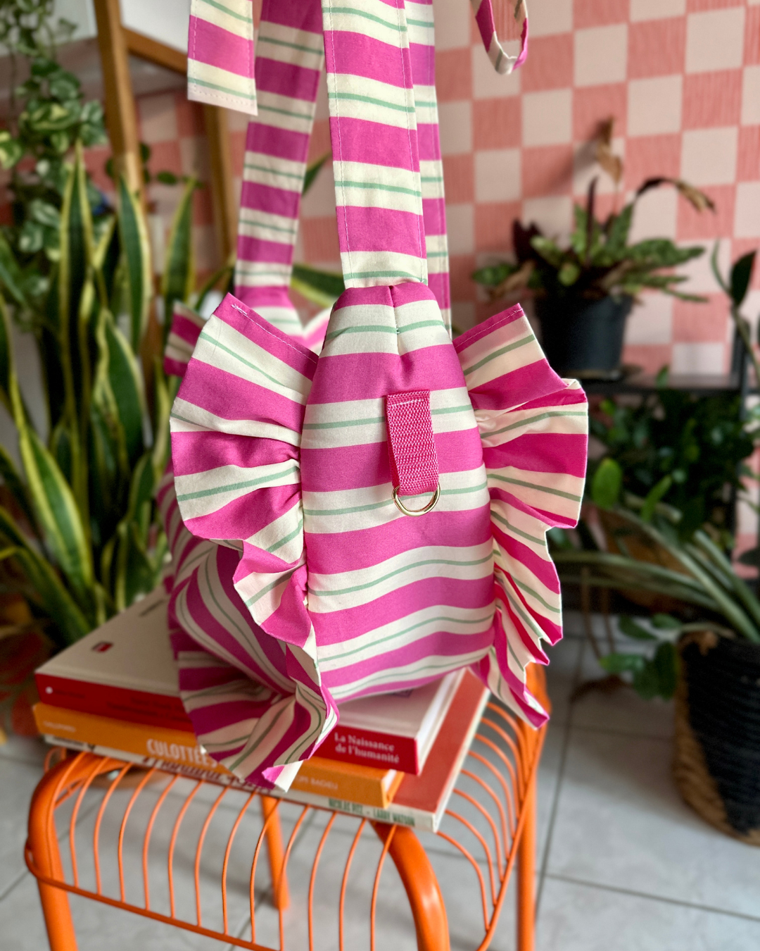 SAC CROISSANT Taille Moyenne et Large - Rayures Rose / Ecru / Vert sauge - Fait main à Reims (France)