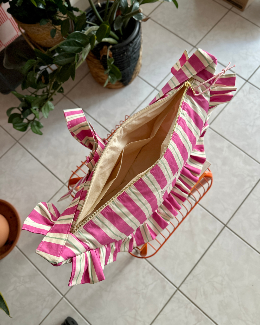 SAC CROISSANT Taille Moyenne et Large - Rayures Rose / Ecru / Vert sauge - Fait main à Reims (France)