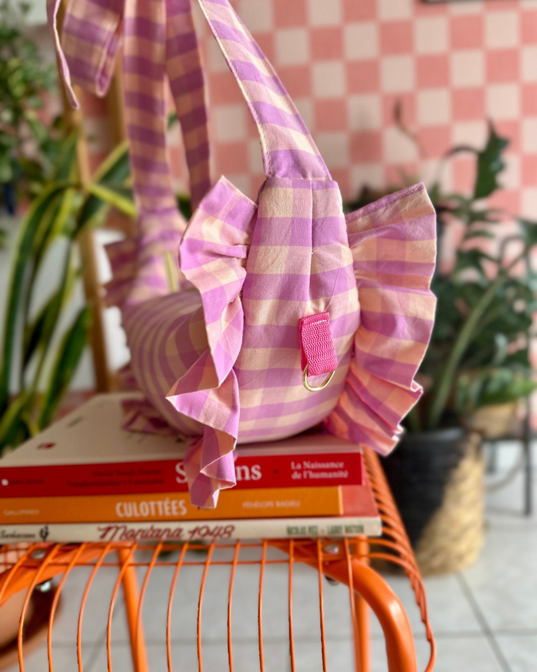 SAC CROISSANT Taille Moyenne et Large - Vichy rose clair/violet pastel - Fait main à Reims (France)