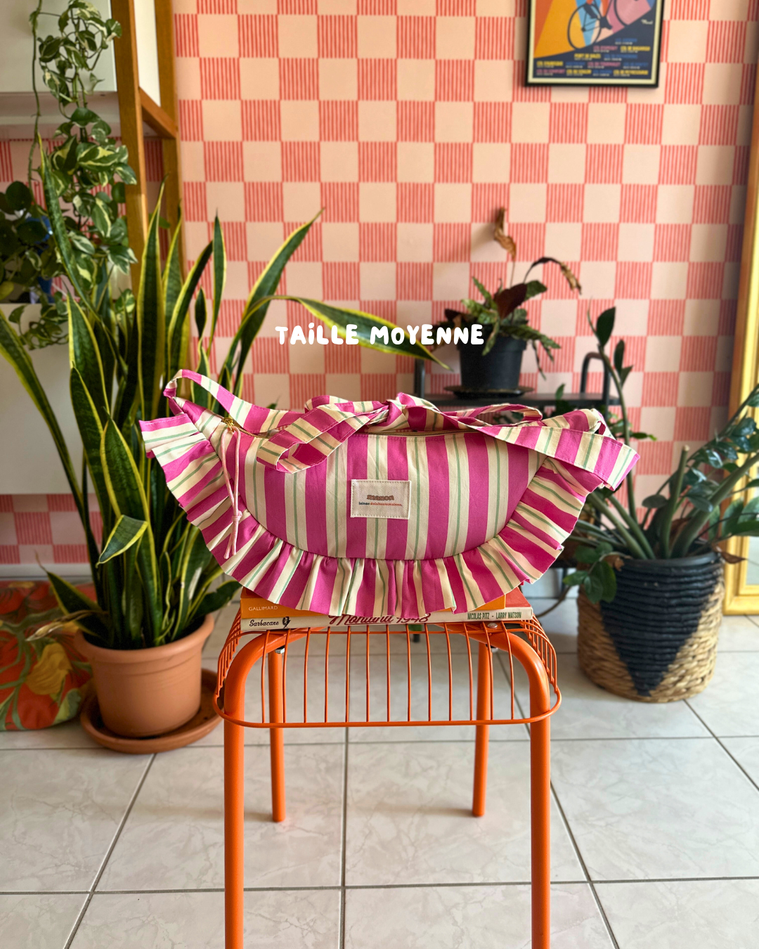 SAC CROISSANT Taille Moyenne et Large - Rayures Rose / Ecru / Vert sauge - Fait main à Reims (France)