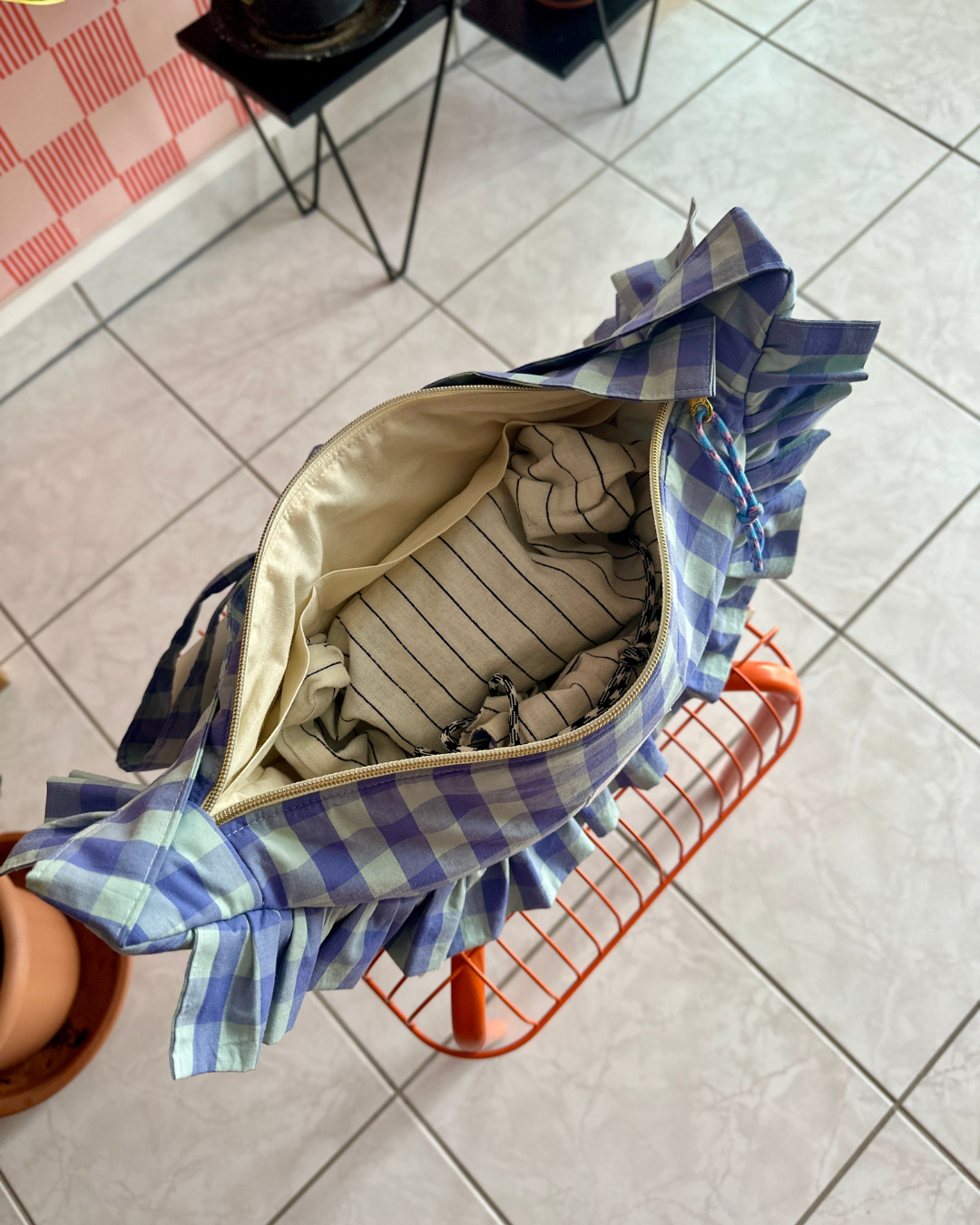 SAC CROISSANT Taille Moyenne - Vichy bleus - Fait main à Reims (France)