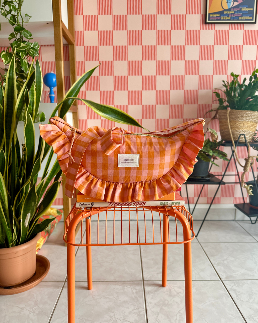 SAC CROISSANT Taille Moyenne - Vichy orange / rose - Fait main à Reims (France)