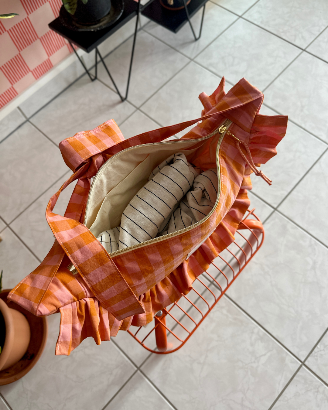 SAC CROISSANT Taille Moyenne - Vichy orange / rose - Fait main à Reims (France)
