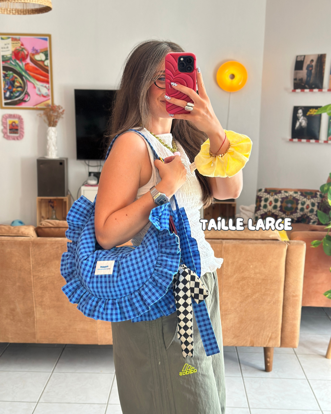 SAC CROISSANT Taille Moyenne et Large - Vichy bleu - Fait main à Reims (France)