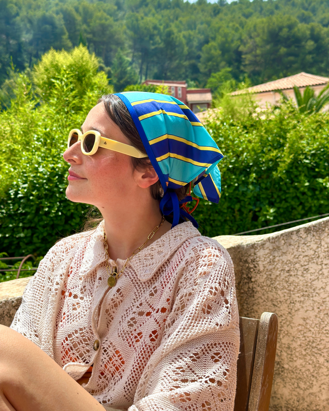 Bandana Beurre bleu turquoise / bleu marine / jaune (motif exclusif Manon L. Delahaute)