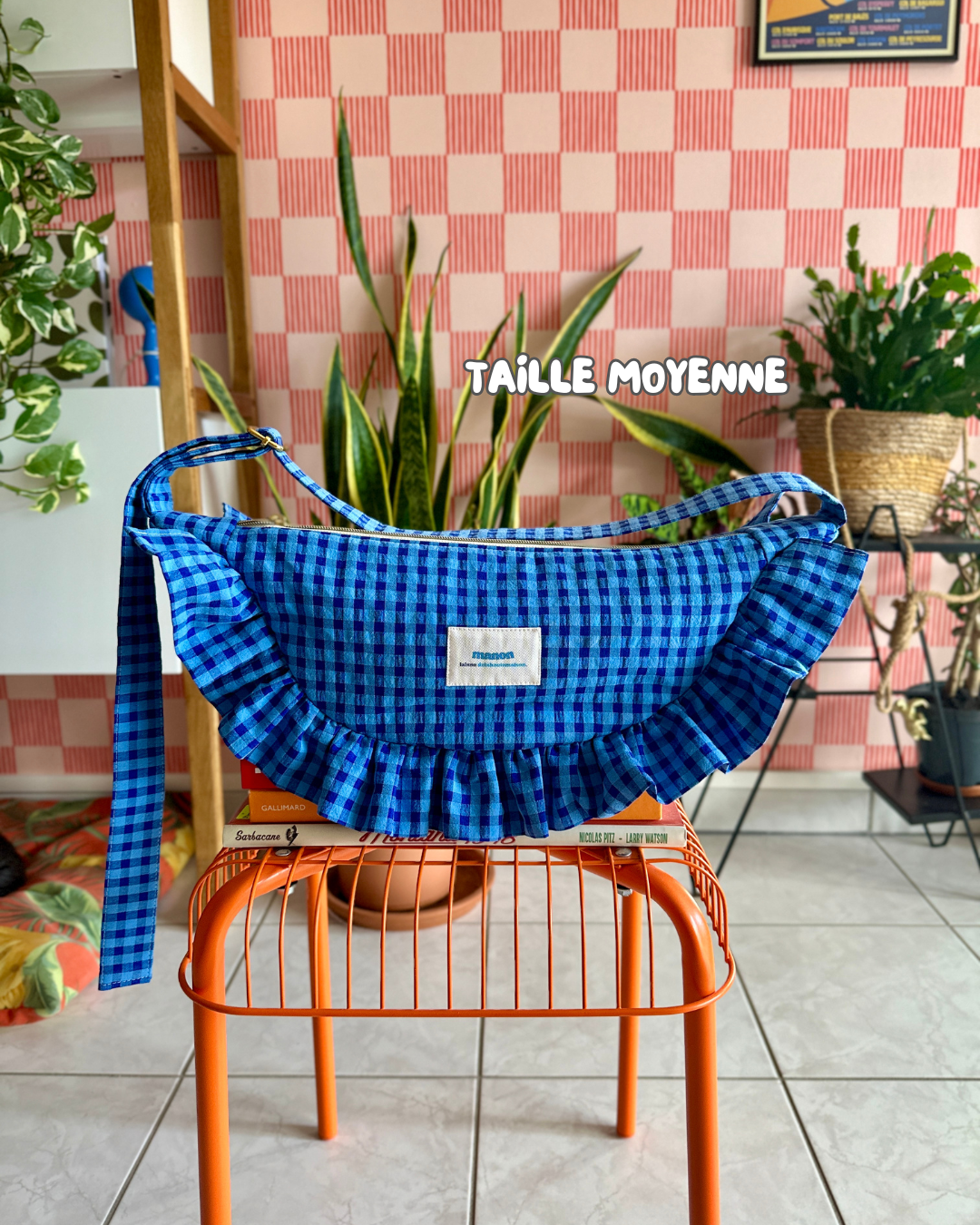 SAC CROISSANT Taille Moyenne et Large - Vichy bleu - Fait main à Reims (France)