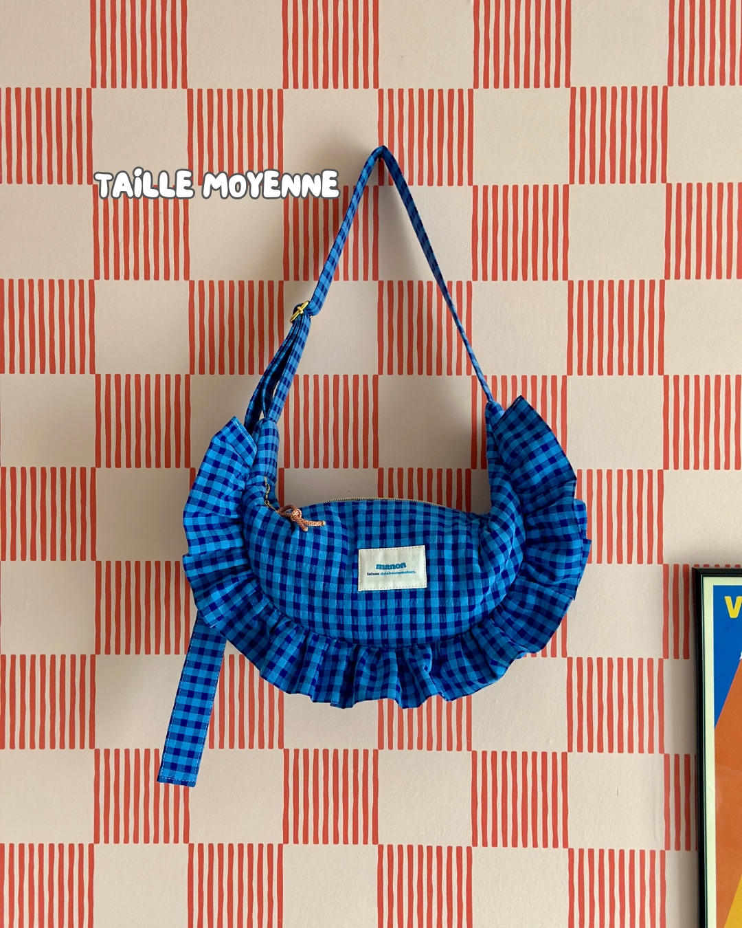 SAC CROISSANT Taille Moyenne et Large - Vichy bleu - Fait main à Reims (France)