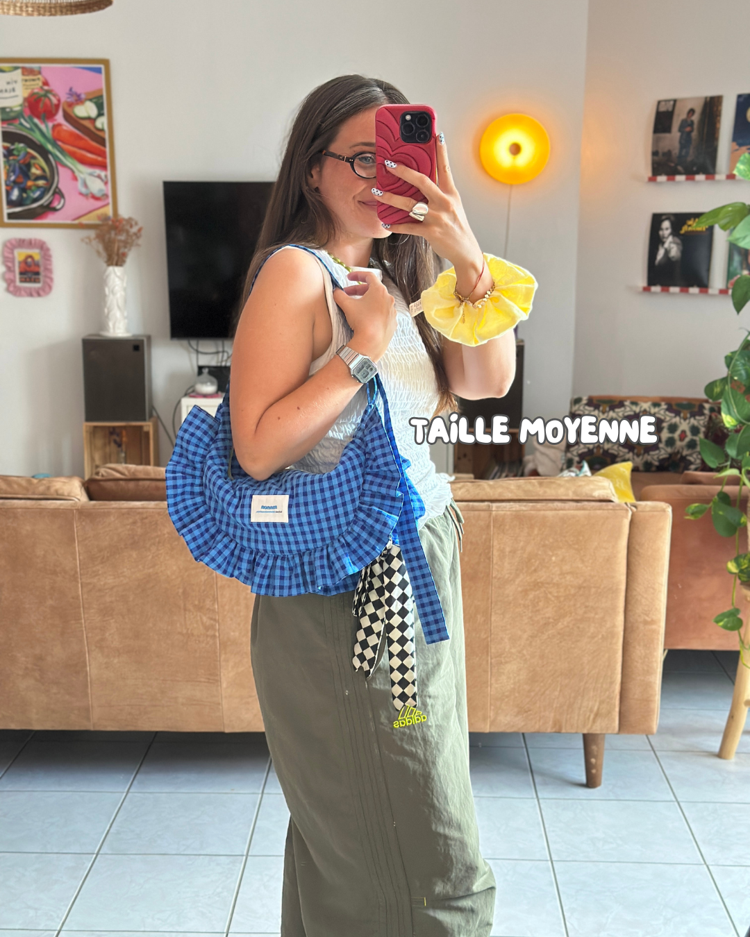 SAC CROISSANT Taille Moyenne et Large - Vichy bleu - Fait main à Reims (France)