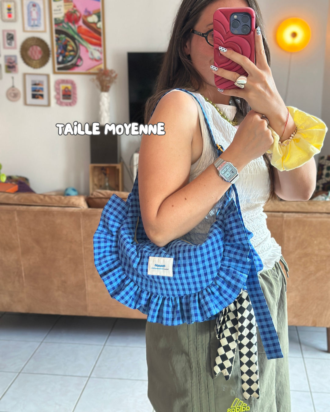 SAC CROISSANT Taille Moyenne et Large - Vichy bleu - Fait main à Reims (France)