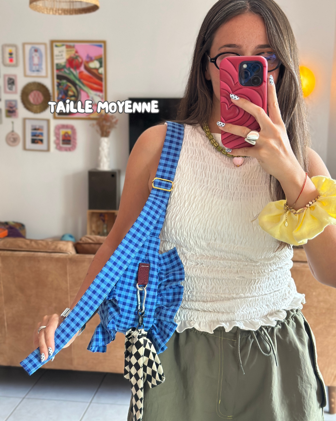SAC CROISSANT Taille Moyenne et Large - Vichy bleu - Fait main à Reims (France)