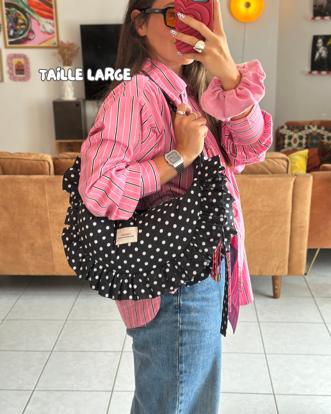 SAC CROISSANT Taille Moyenne et Large - Noir à pois blancs - Fait main à Reims (France)