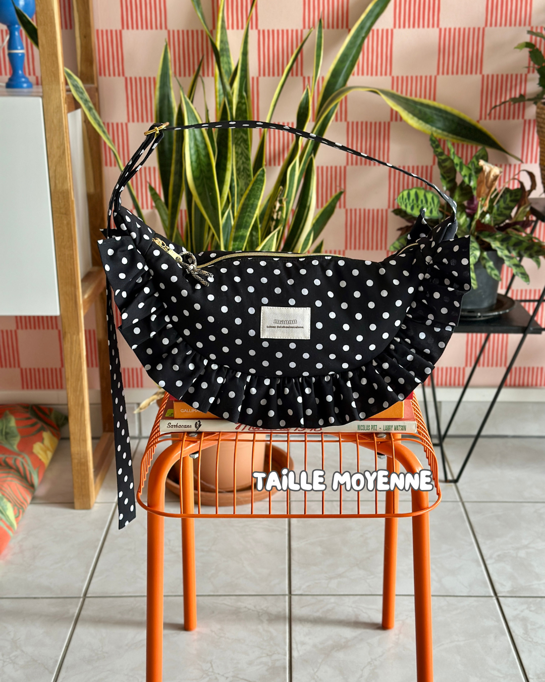 SAC CROISSANT Taille Moyenne et Large - Noir à pois blancs - Fait main à Reims (France)