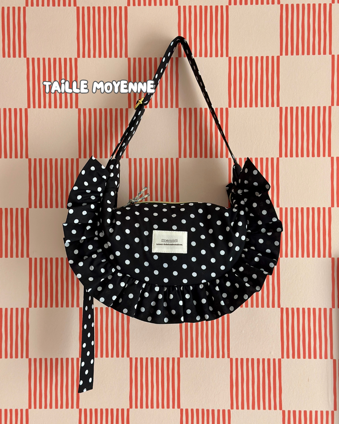 SAC CROISSANT Taille Moyenne et Large - Noir à pois blancs - Fait main à Reims (France)