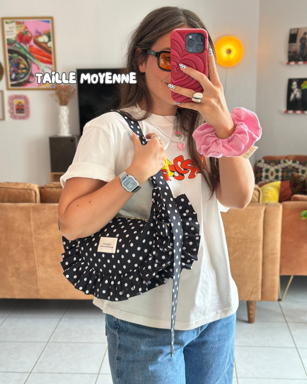 SAC CROISSANT Taille Moyenne et Large - Noir à pois blancs - Fait main à Reims (France)