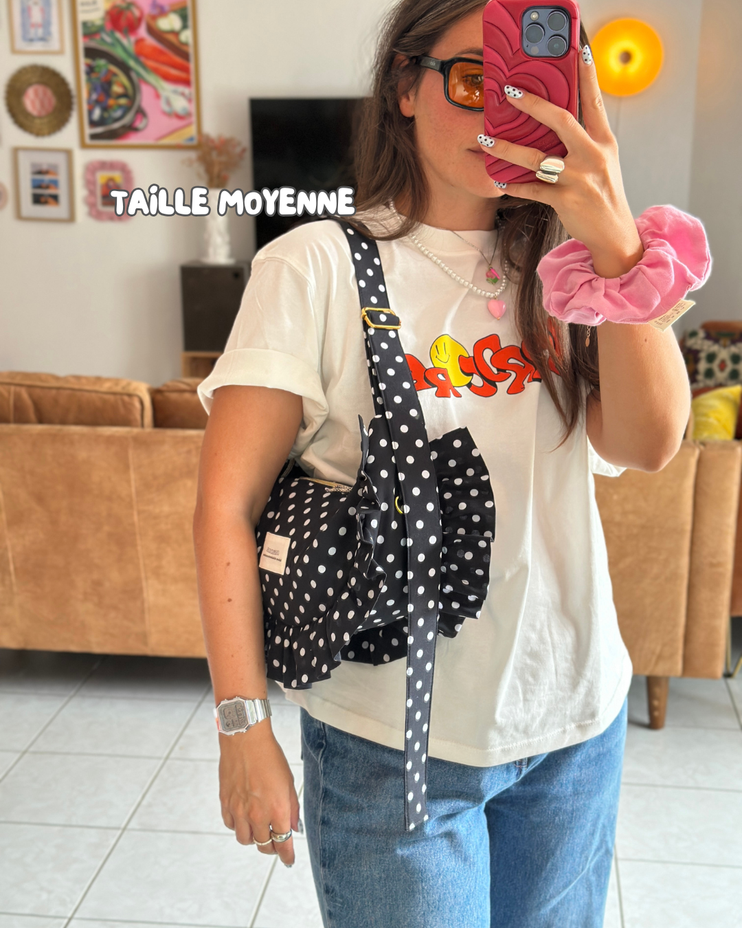 SAC CROISSANT Taille Moyenne et Large - Noir à pois blancs - Fait main à Reims (France)