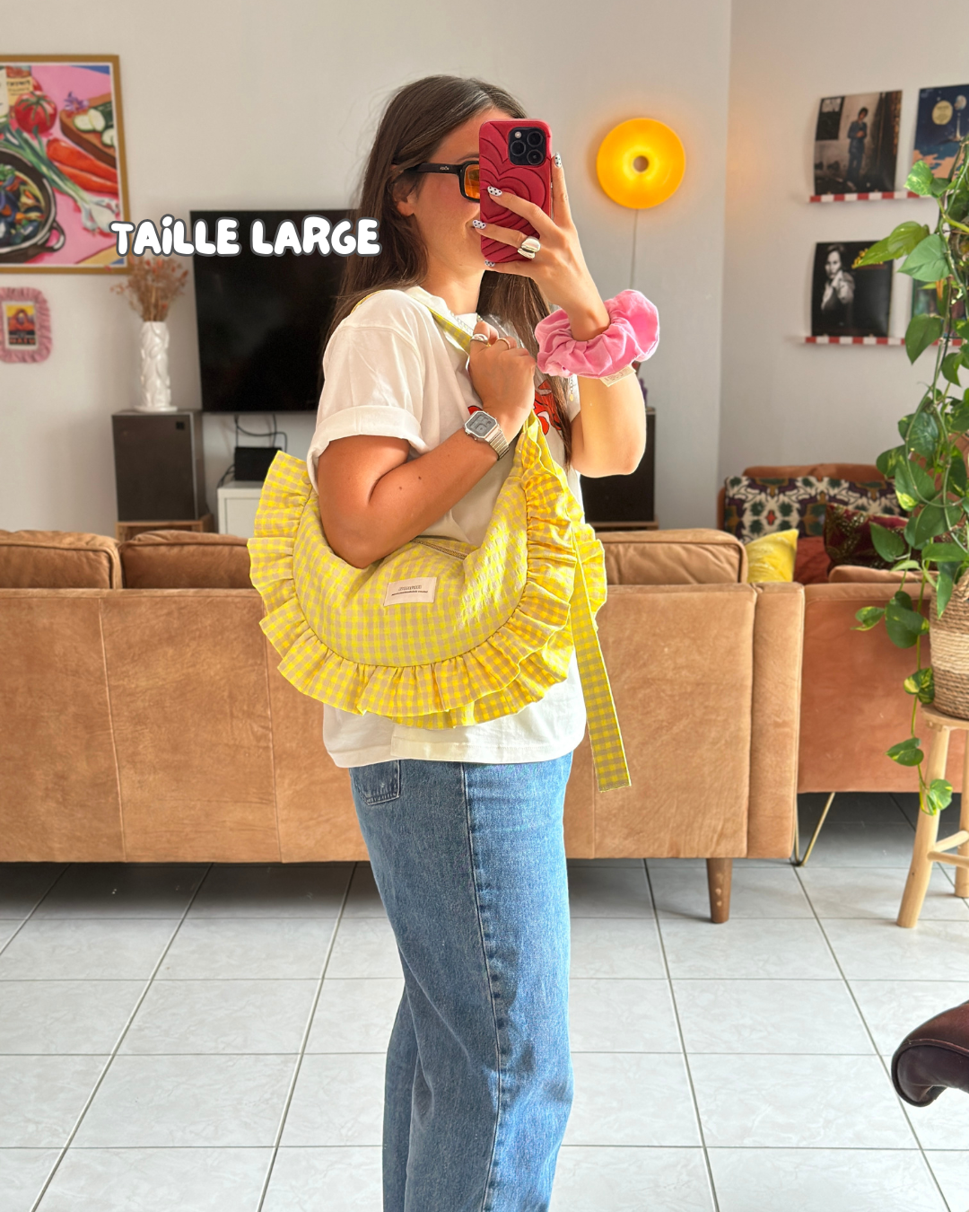 SAC CROISSANT Taille Moyenne et Large - Vichy beige et jaune fluo - Fait main à Reims (France)