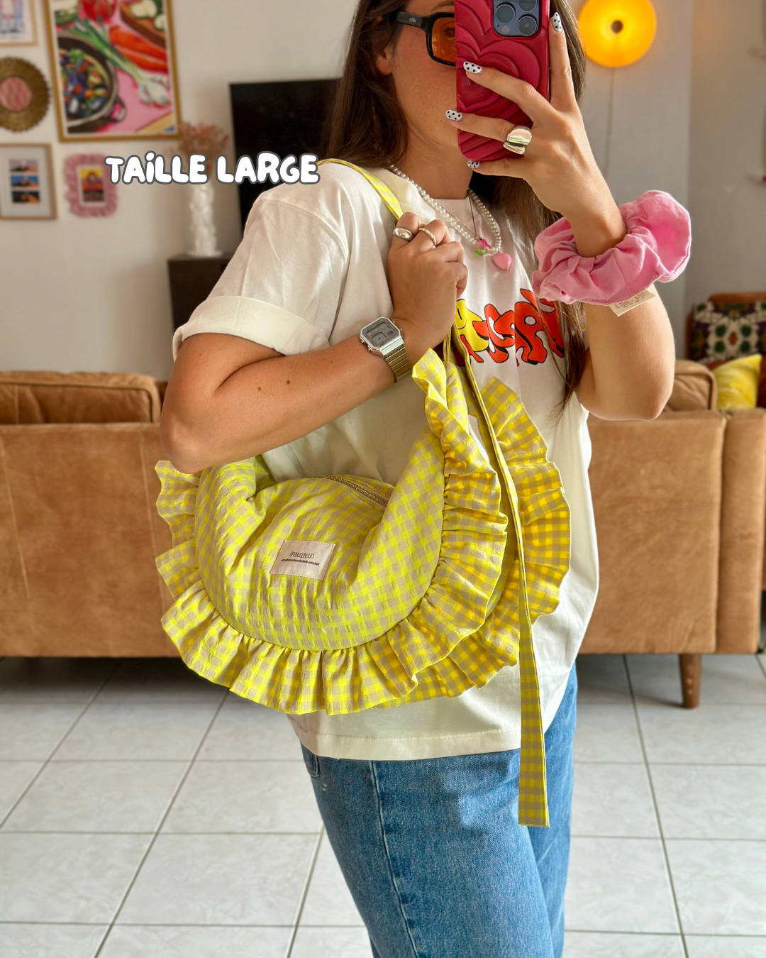 SAC CROISSANT Taille Moyenne et Large - Vichy beige et jaune fluo - Fait main à Reims (France)
