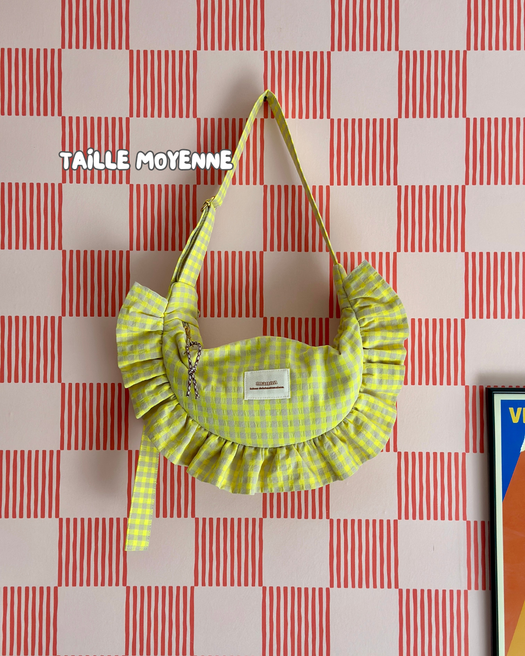 SAC CROISSANT Taille Moyenne et Large - Vichy beige et jaune fluo - Fait main à Reims (France)