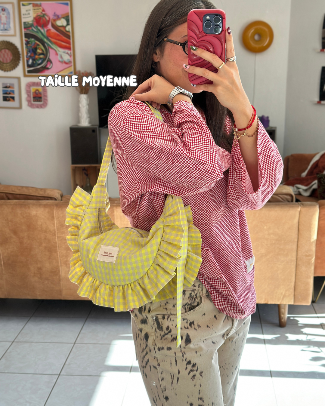 SAC CROISSANT Taille Moyenne et Large - Vichy beige et jaune fluo - Fait main à Reims (France)