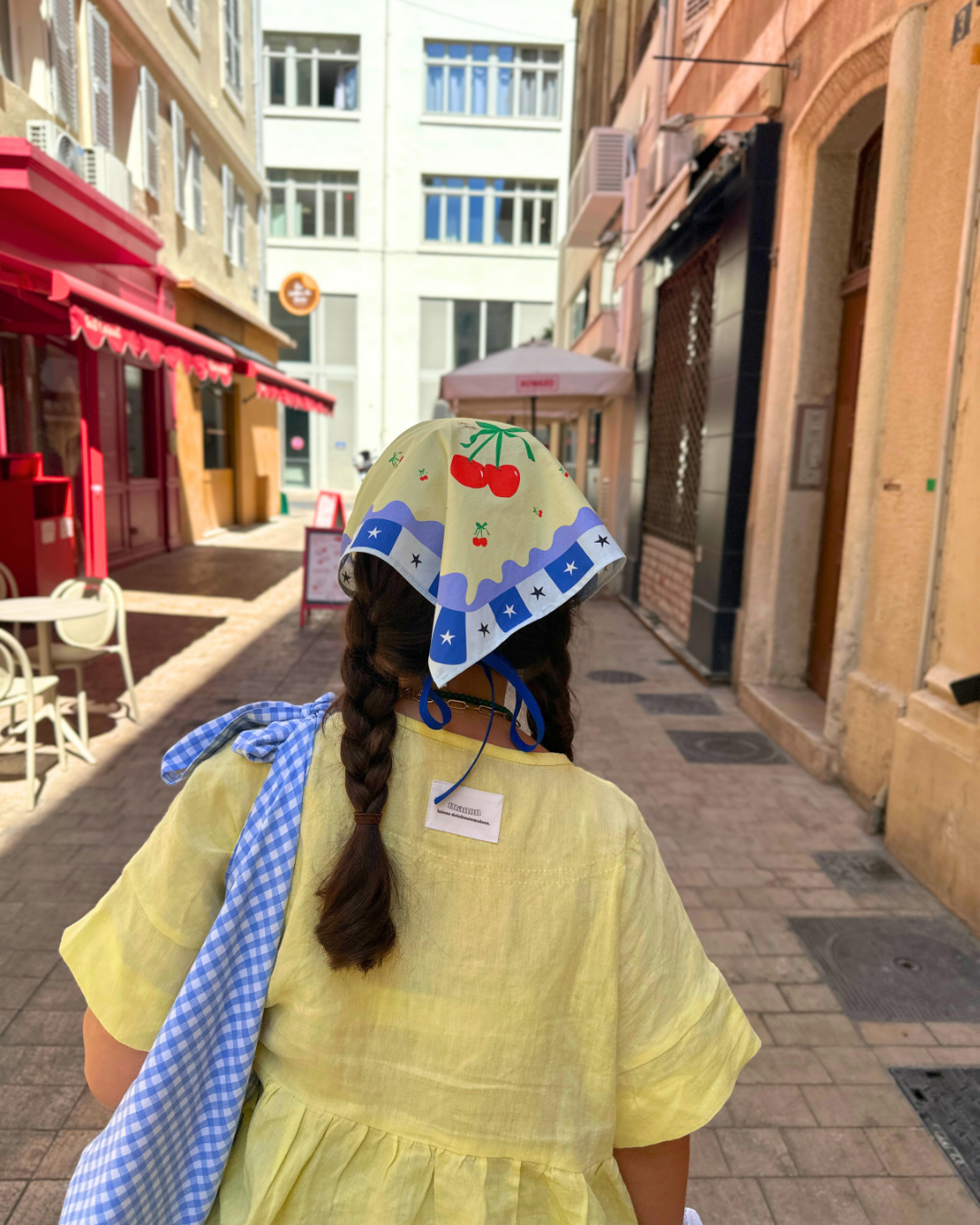 Bandana Cerises bleu / rouge / jaune (motif exclusif Manon L. Delahaute)