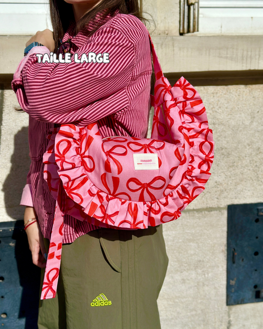 Pré-commande SAC CROISSANT Taille Moyenne et Large - Rose Nœuds rouges - Fait main à Reims (France)