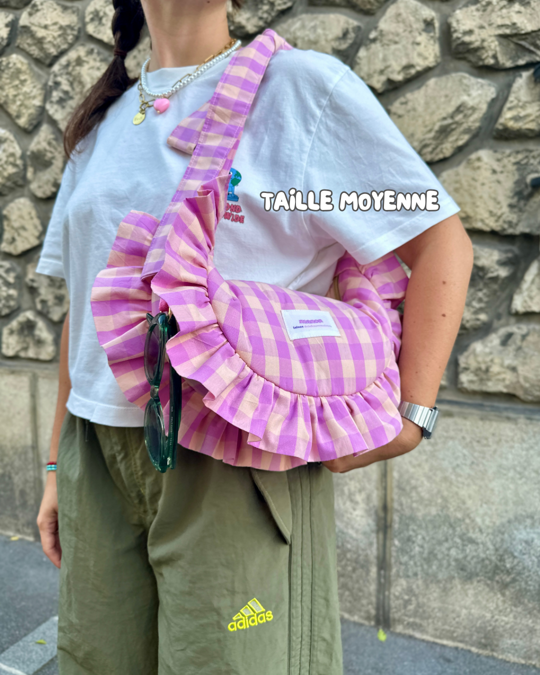 SAC CROISSANT Taille Moyenne et Large - Vichy rose clair/violet pastel - Fait main à Reims (France)