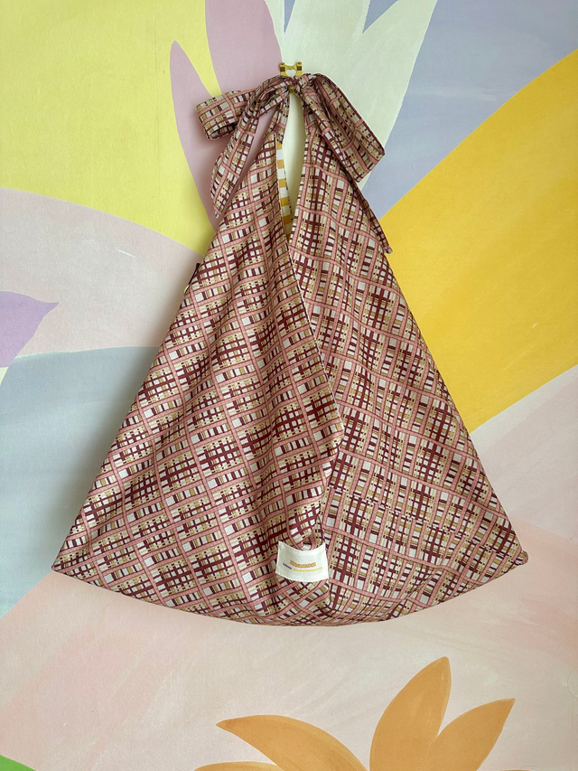 SAC ORIGAMI - Vichy jaune moutarde / carreaux rose bordeaux écru - Fait main à Reims (France)