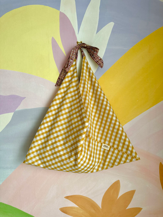 SAC ORIGAMI - Vichy jaune moutarde / carreaux rose bordeaux écru - Fait main à Reims (France)