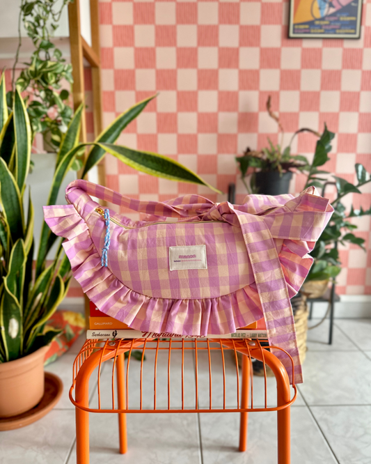 SAC CROISSANT Taille Moyenne et Large - Vichy rose clair/violet pastel - Fait main à Reims (France)