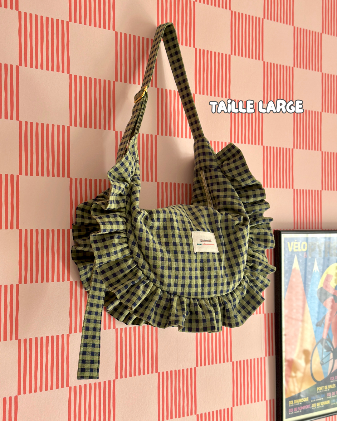 Pré-commande SAC CROISSANT Taille Moyenne et Large - Vichy kaki / bleu marine - Fait main à Reims (France)