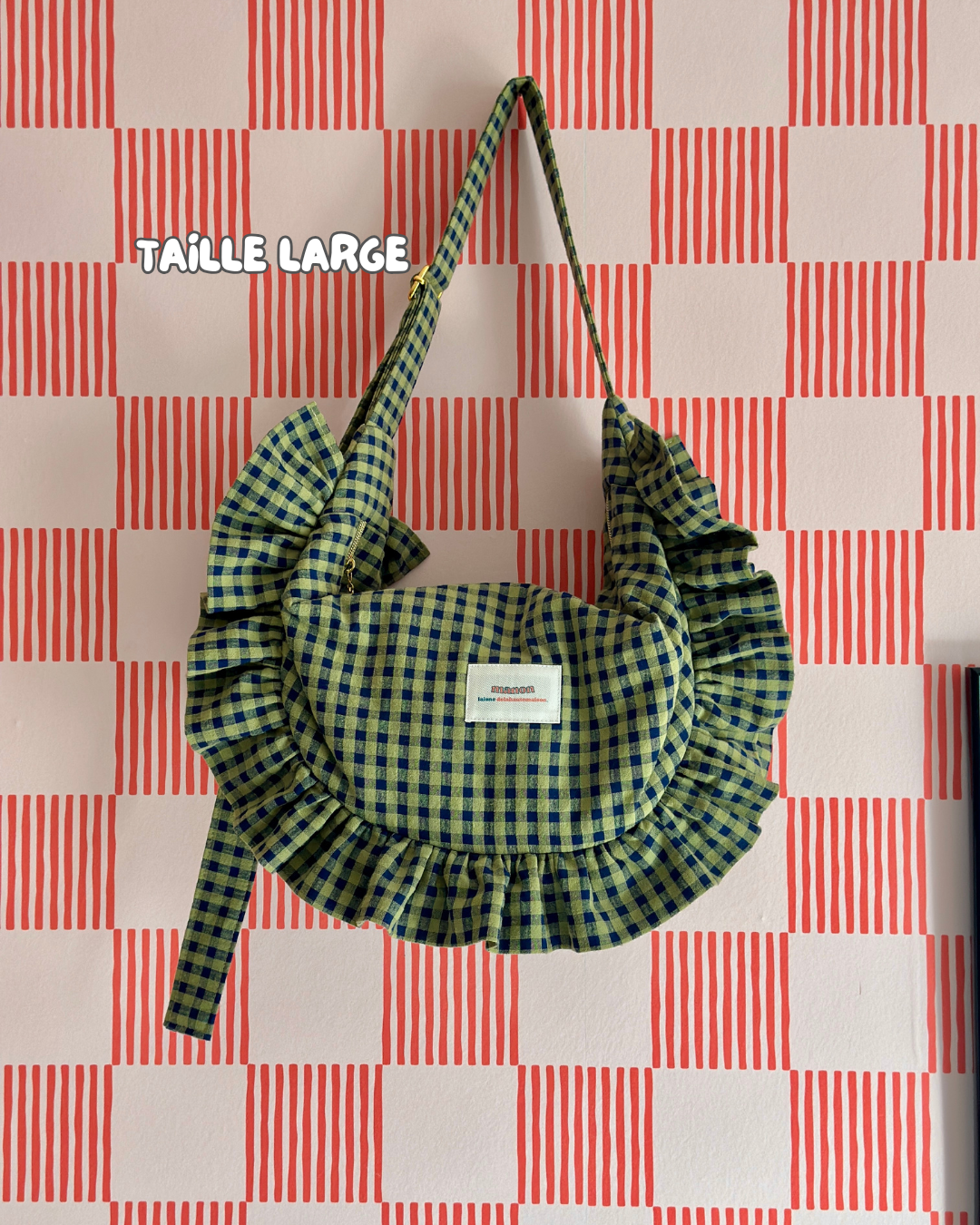 Pré-commande SAC CROISSANT Taille Moyenne et Large - Vichy kaki / bleu marine - Fait main à Reims (France)
