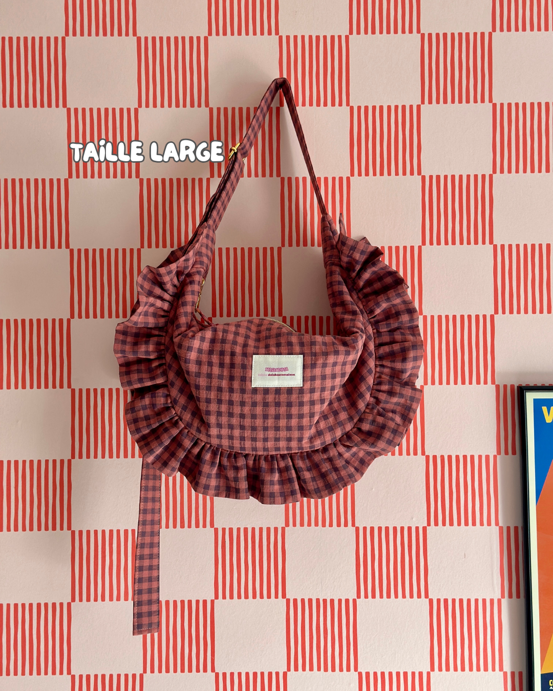 Pré-commande SAC CROISSANT Taille Moyenne et Large - Vichy Bordeaux / Vieux rose - Fait main à Reims (France)