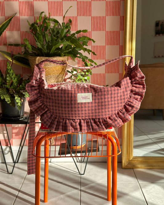 Pré-commande SAC CROISSANT Taille Moyenne et Large - Vichy Bordeaux / Vieux rose - Fait main à Reims (France)