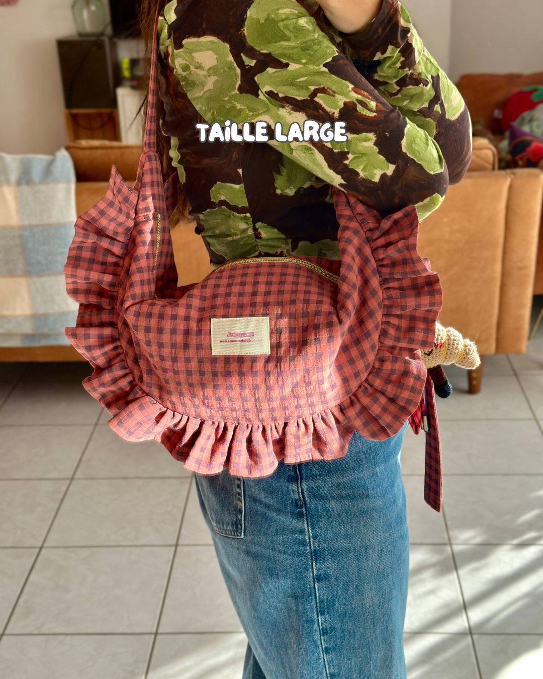Pré-commande SAC CROISSANT Taille Moyenne et Large - Vichy Bordeaux / Vieux rose - Fait main à Reims (France)