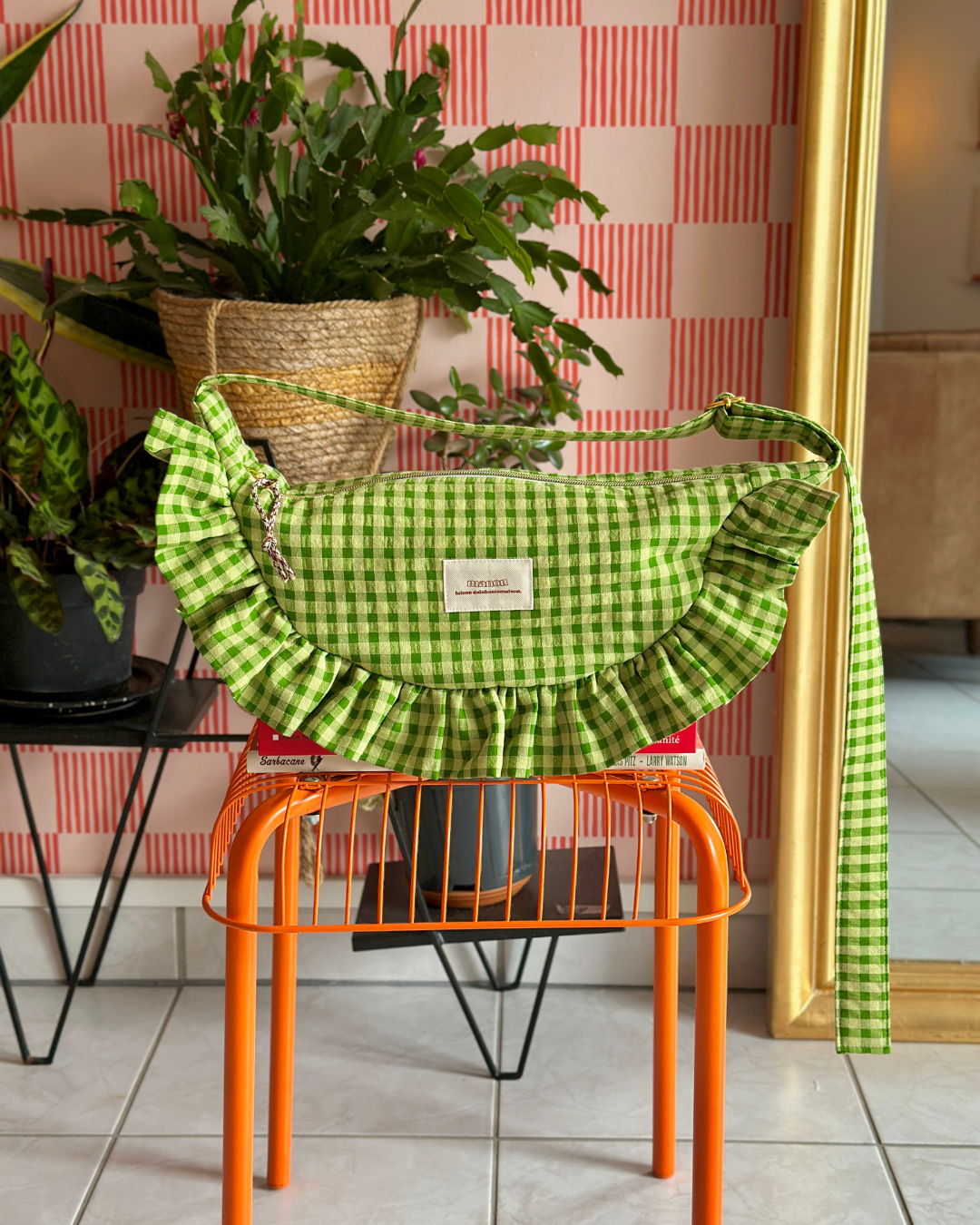 Pré-commande SAC CROISSANT Taille Moyenne et Large - Vichy Vert matcha / vert olive - Fait main à Reims (France)