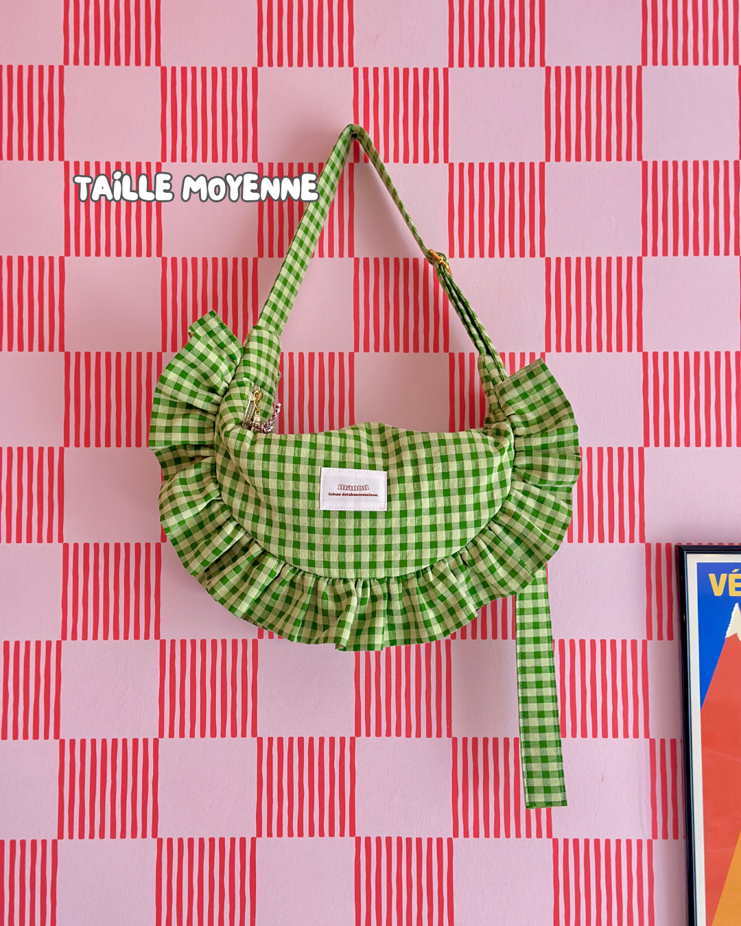 Pré-commande SAC CROISSANT Taille Moyenne et Large - Vichy Vert matcha / vert olive - Fait main à Reims (France)