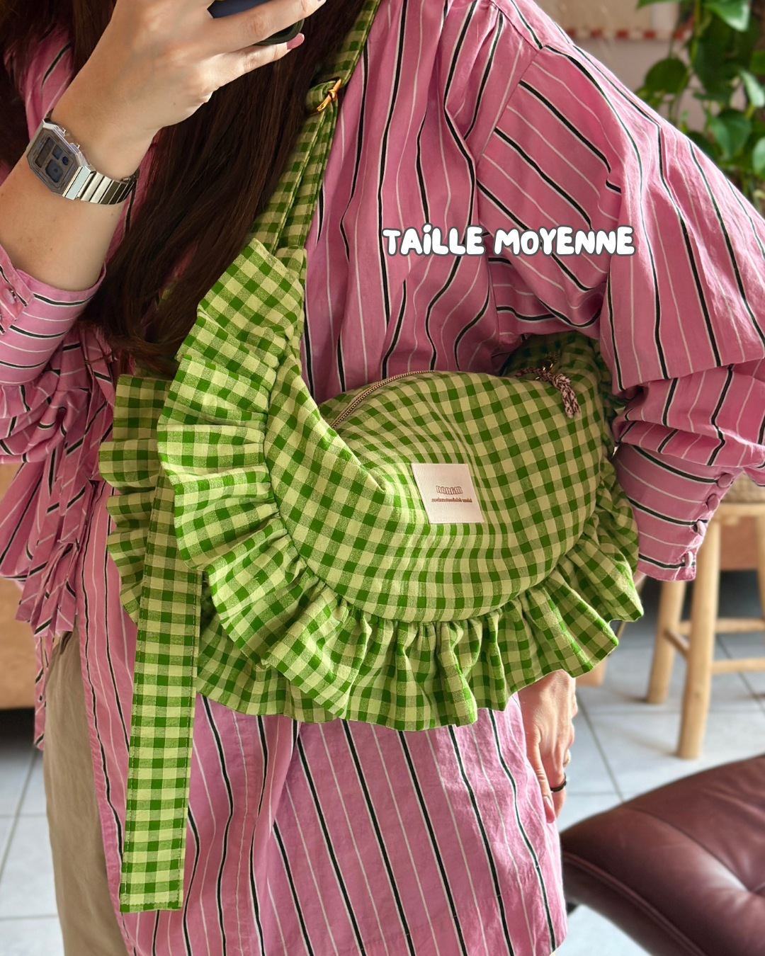 Pré-commande SAC CROISSANT Taille Moyenne et Large - Vichy Vert matcha / vert olive - Fait main à Reims (France)