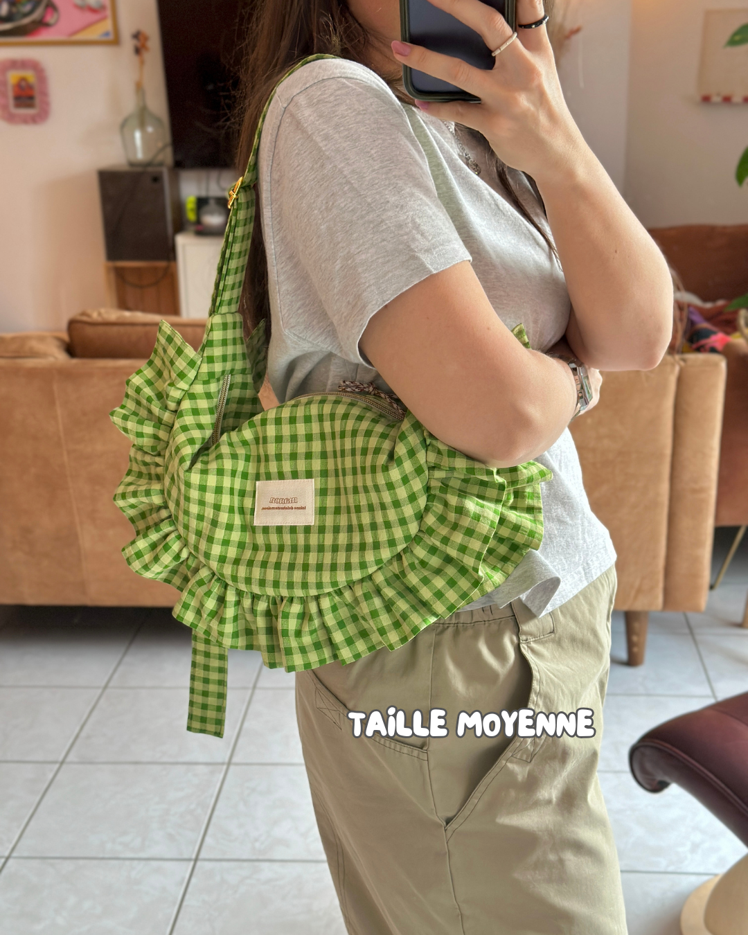 Pré-commande SAC CROISSANT Taille Moyenne et Large - Vichy Vert matcha / vert olive - Fait main à Reims (France)