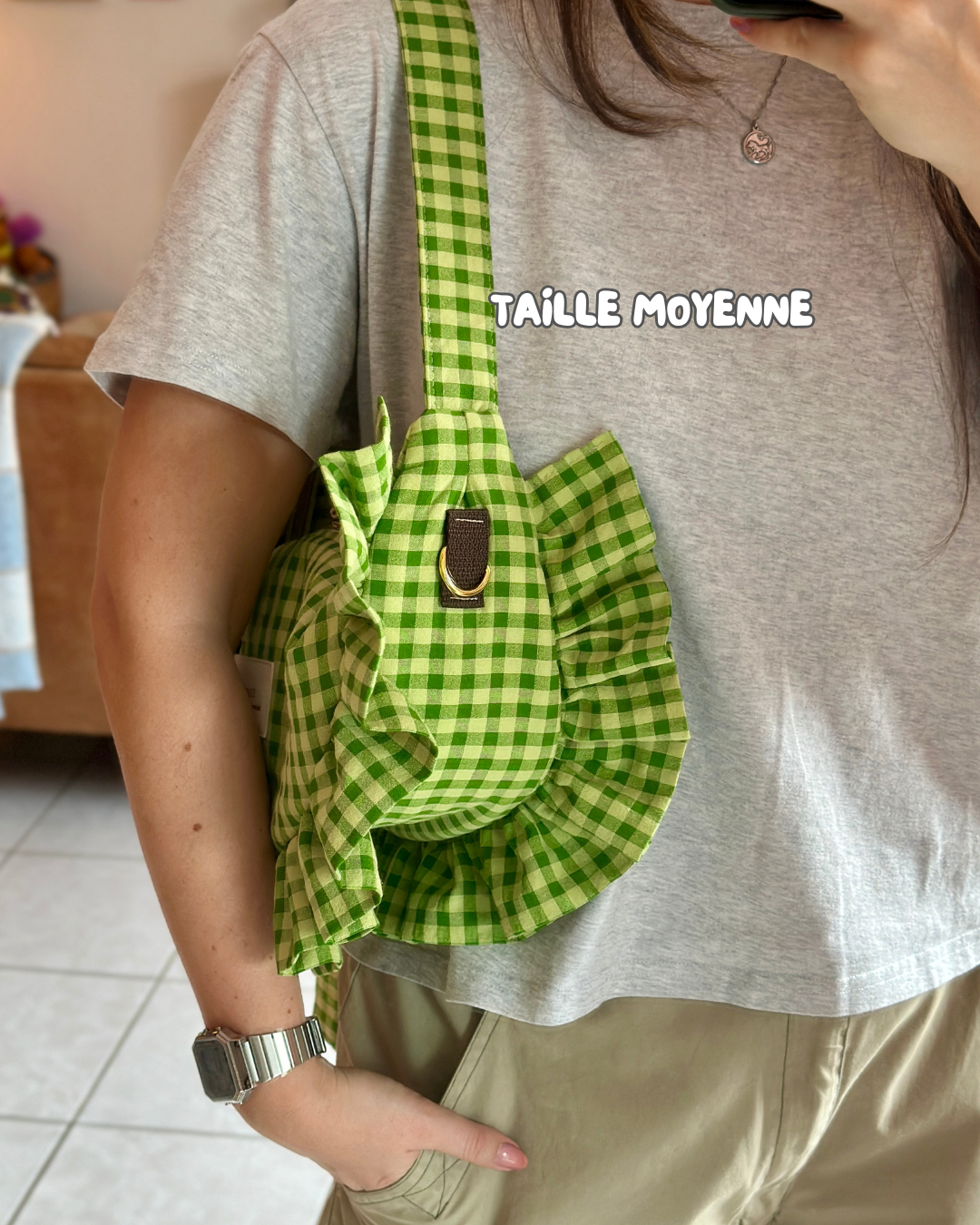 Pré-commande SAC CROISSANT Taille Moyenne et Large - Vichy Vert matcha / vert olive - Fait main à Reims (France)