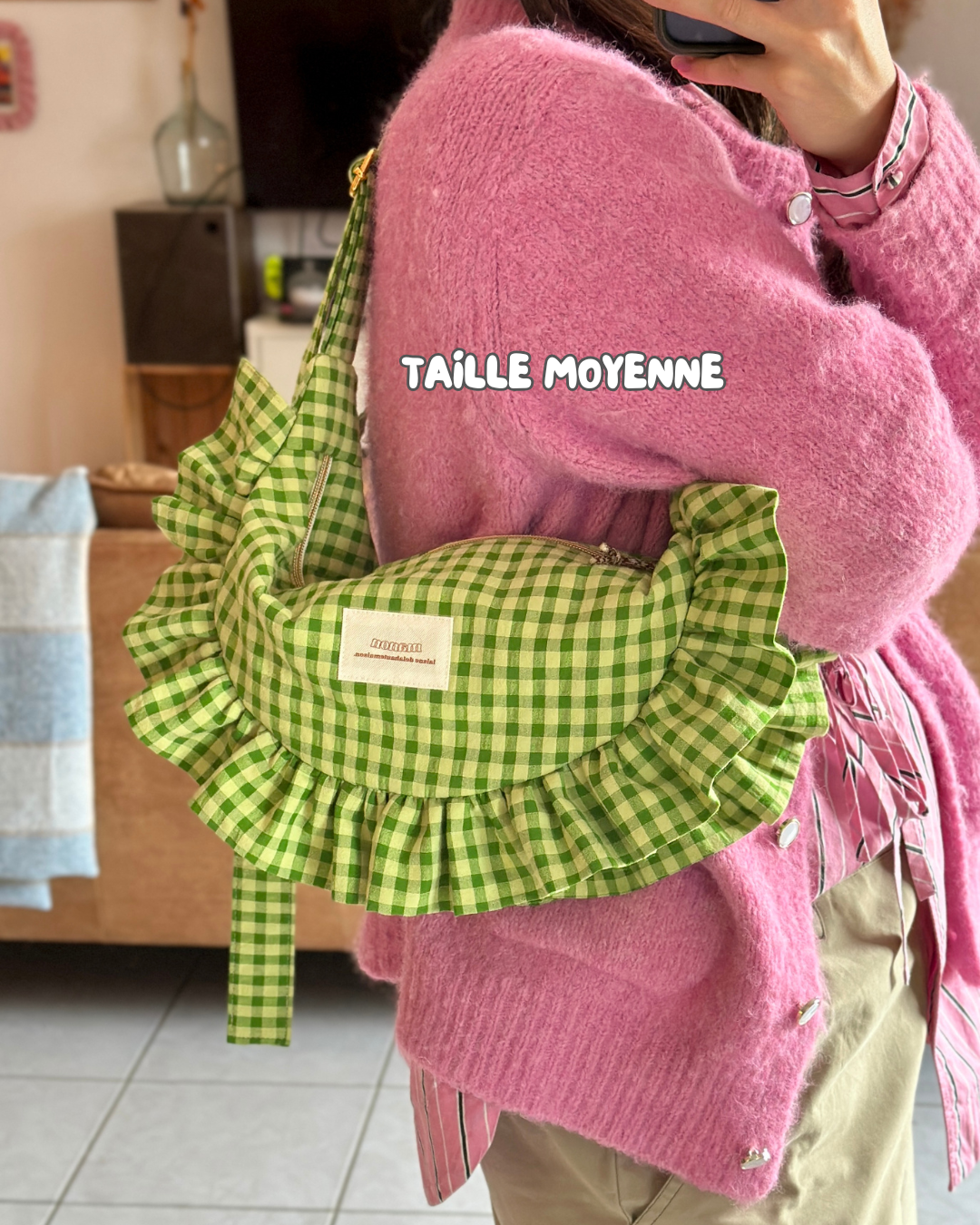 Pré-commande SAC CROISSANT Taille Moyenne et Large - Vichy Vert matcha / vert olive - Fait main à Reims (France)
