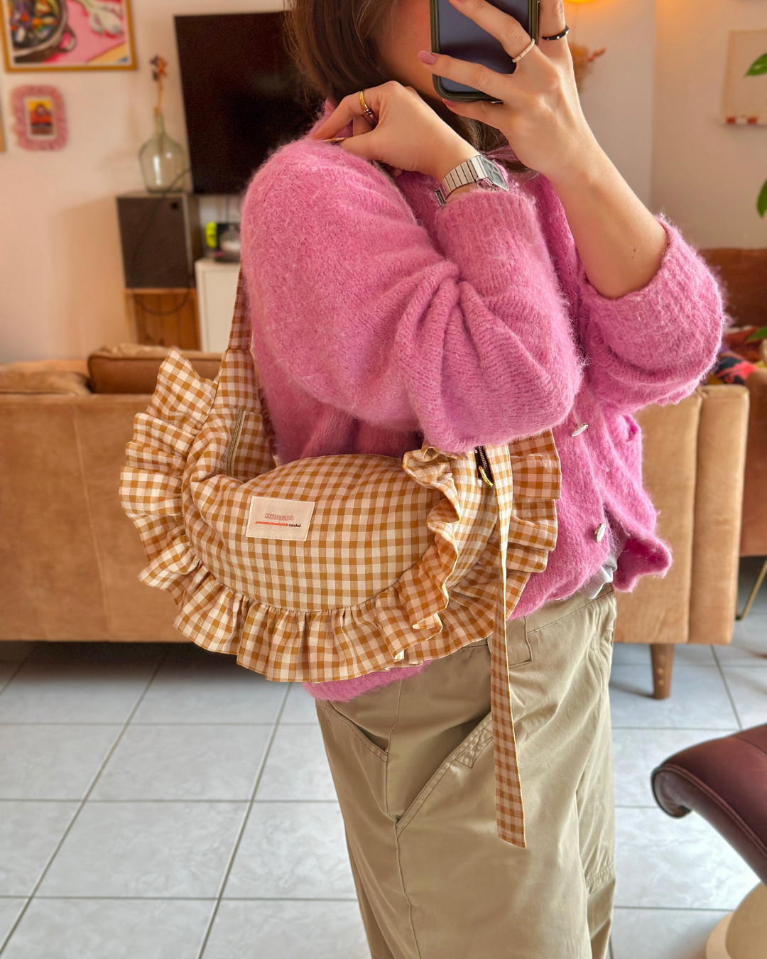 Pré-commande SAC CROISSANT Taille Moyenne et Large - Vichy Beige - Fait main à Reims (France)