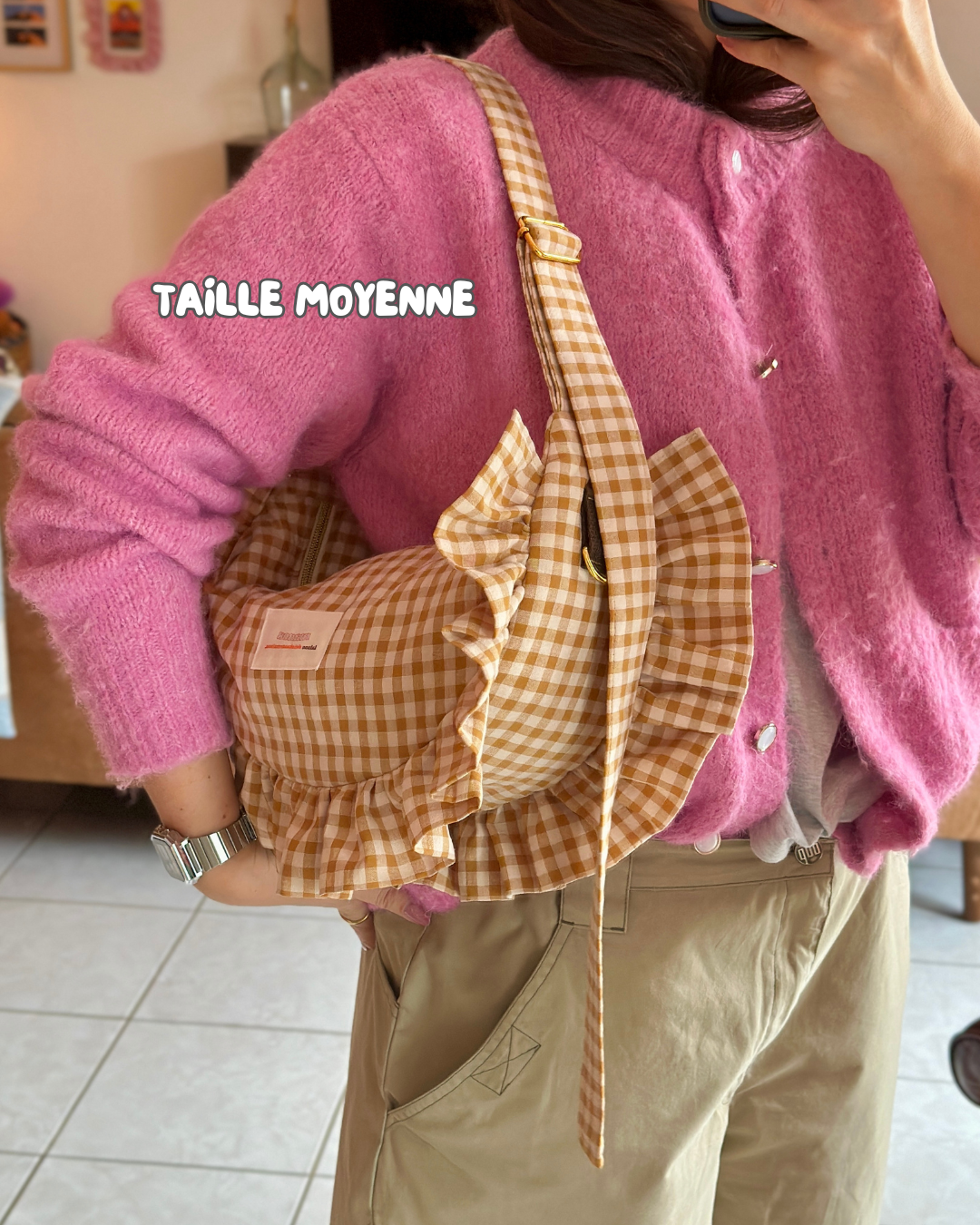 Pré-commande SAC CROISSANT Taille Moyenne et Large - Vichy Beige - Fait main à Reims (France)