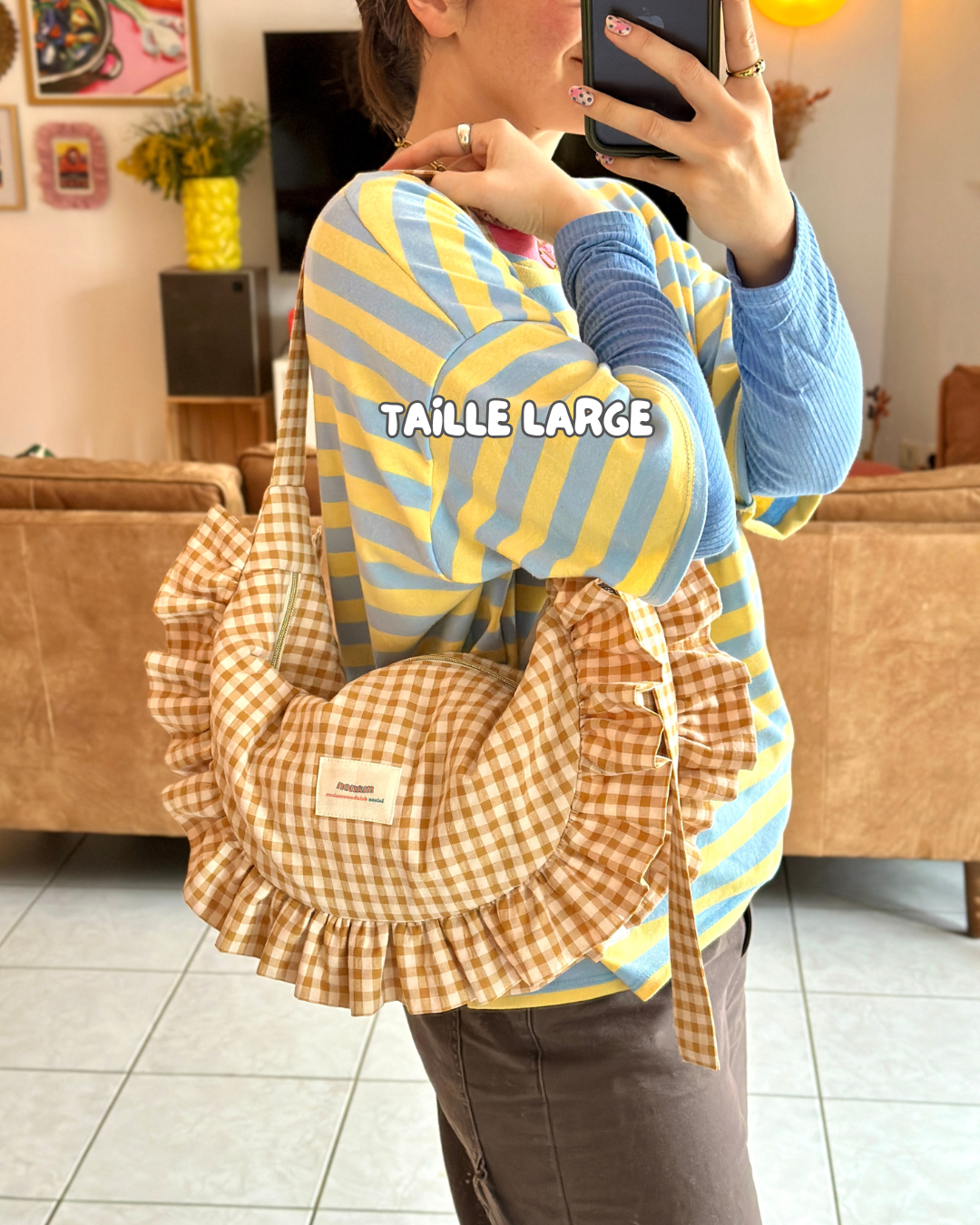Pré-commande SAC CROISSANT Taille Moyenne et Large - Vichy Beige - Fait main à Reims (France)