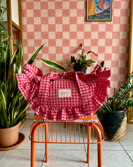 SAC CROISSANT Taille Moyenne et Large - Vichy rouge et rose - Fait main à Reims (France)