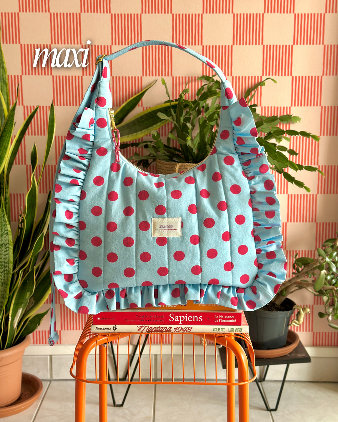 Pré-commande SAC CHOUQUETTE - Bleu clair à pois rose framboise - Fait main à Reims (France)