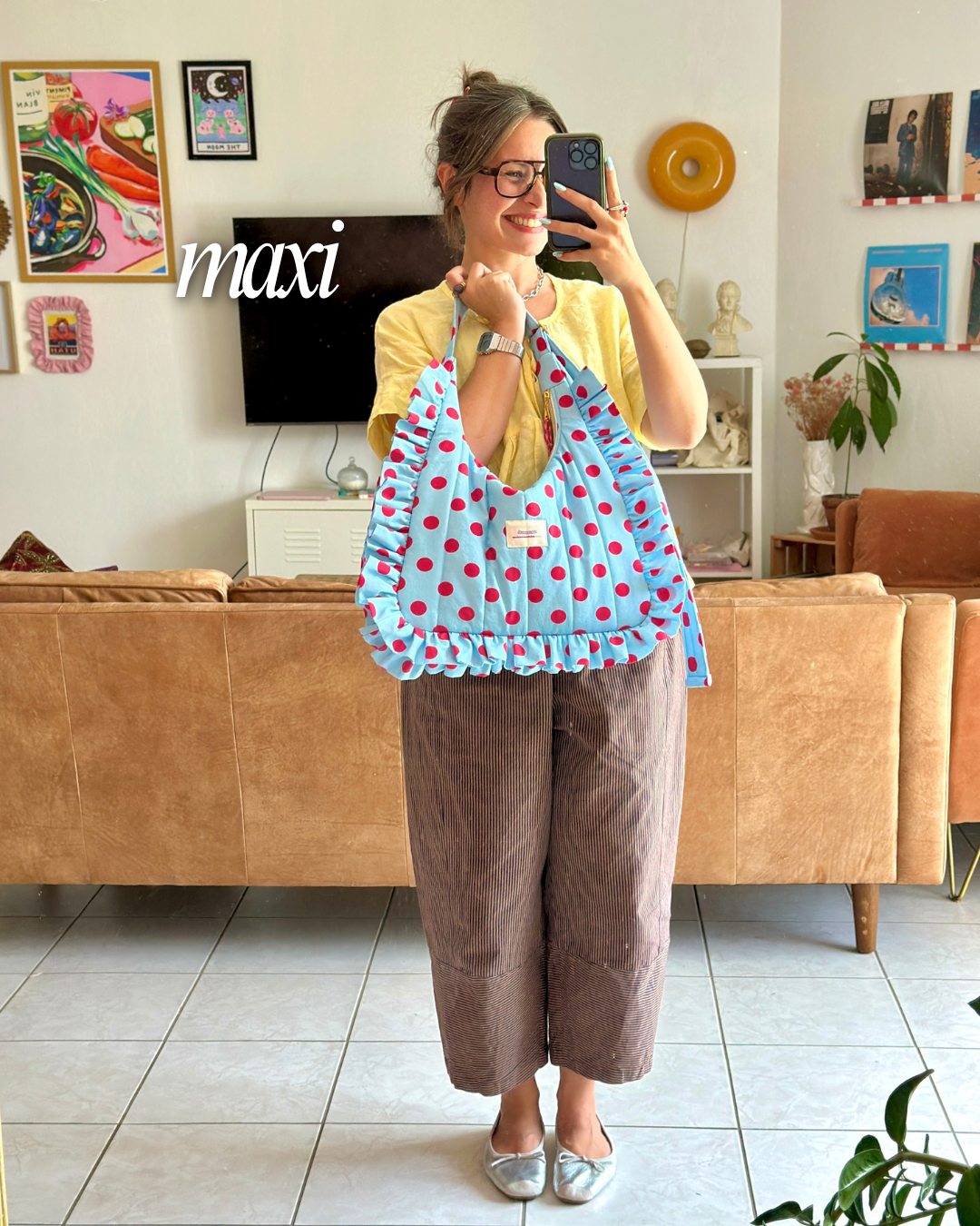 Pré-commande SAC CHOUQUETTE - Bleu clair à pois rose framboise - Fait main à Reims (France)